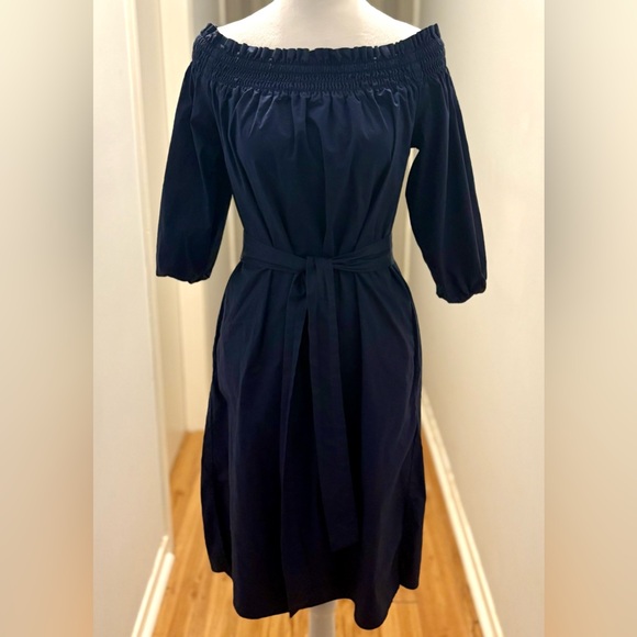 Banana Republic Dresses & Skirts - Banana Republic, Off-Shoulder Navy Cotton Midi Dress with Tie Belt, Size S